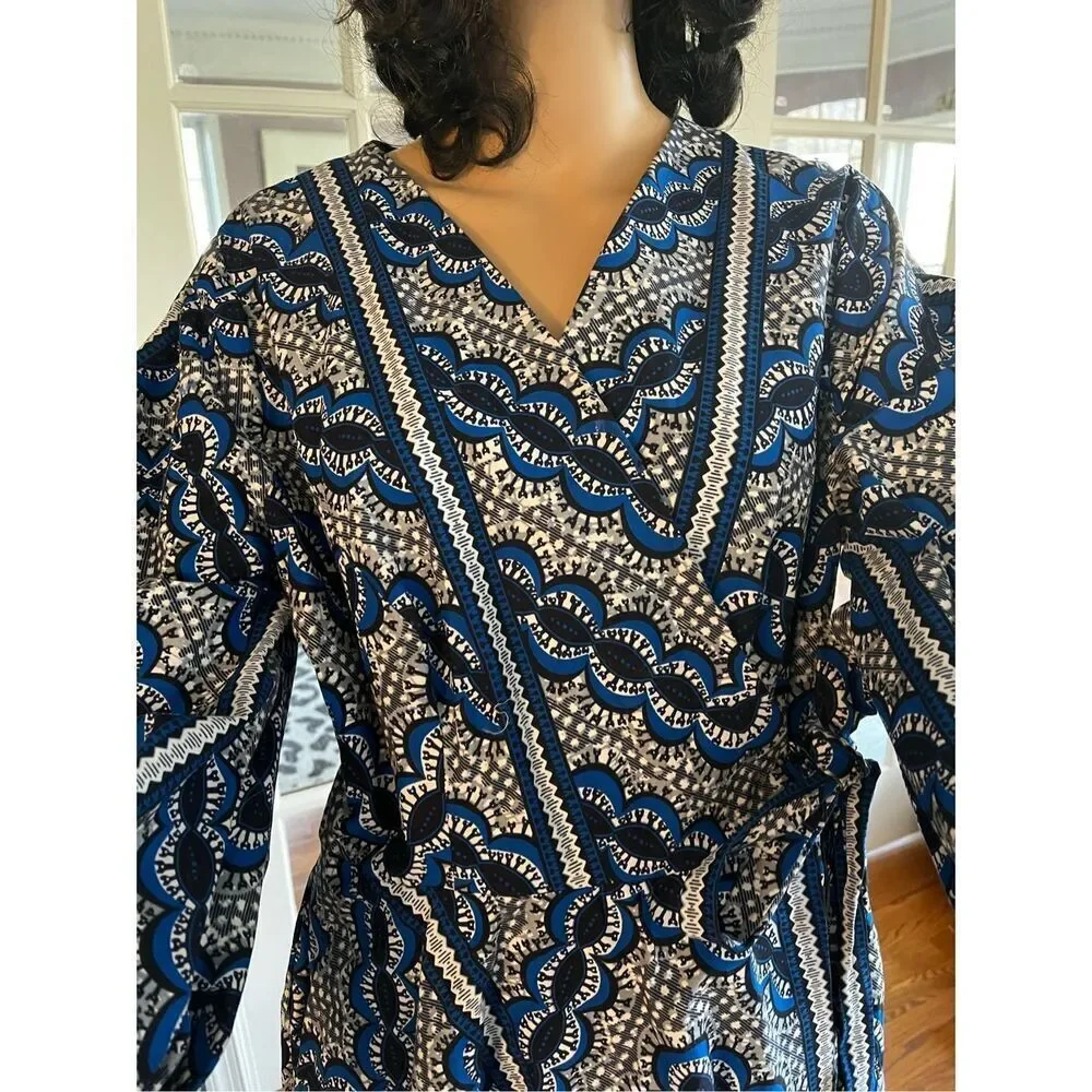 Ray Darten Blue & Black African Print Wrap Puff Sleeve Dress sz 1X EUC